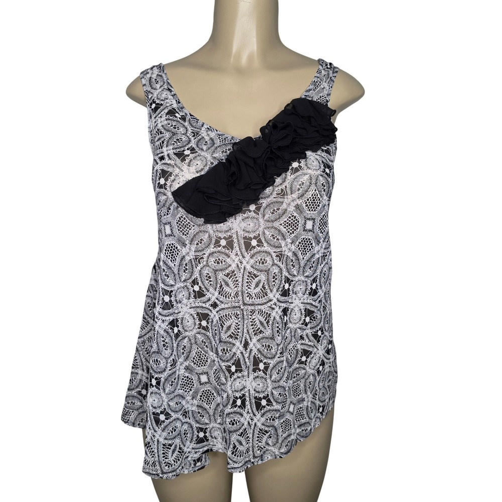 Express Tank Top Women XS Black White Lace Print Ruffle Scoop Neck Sleeveless